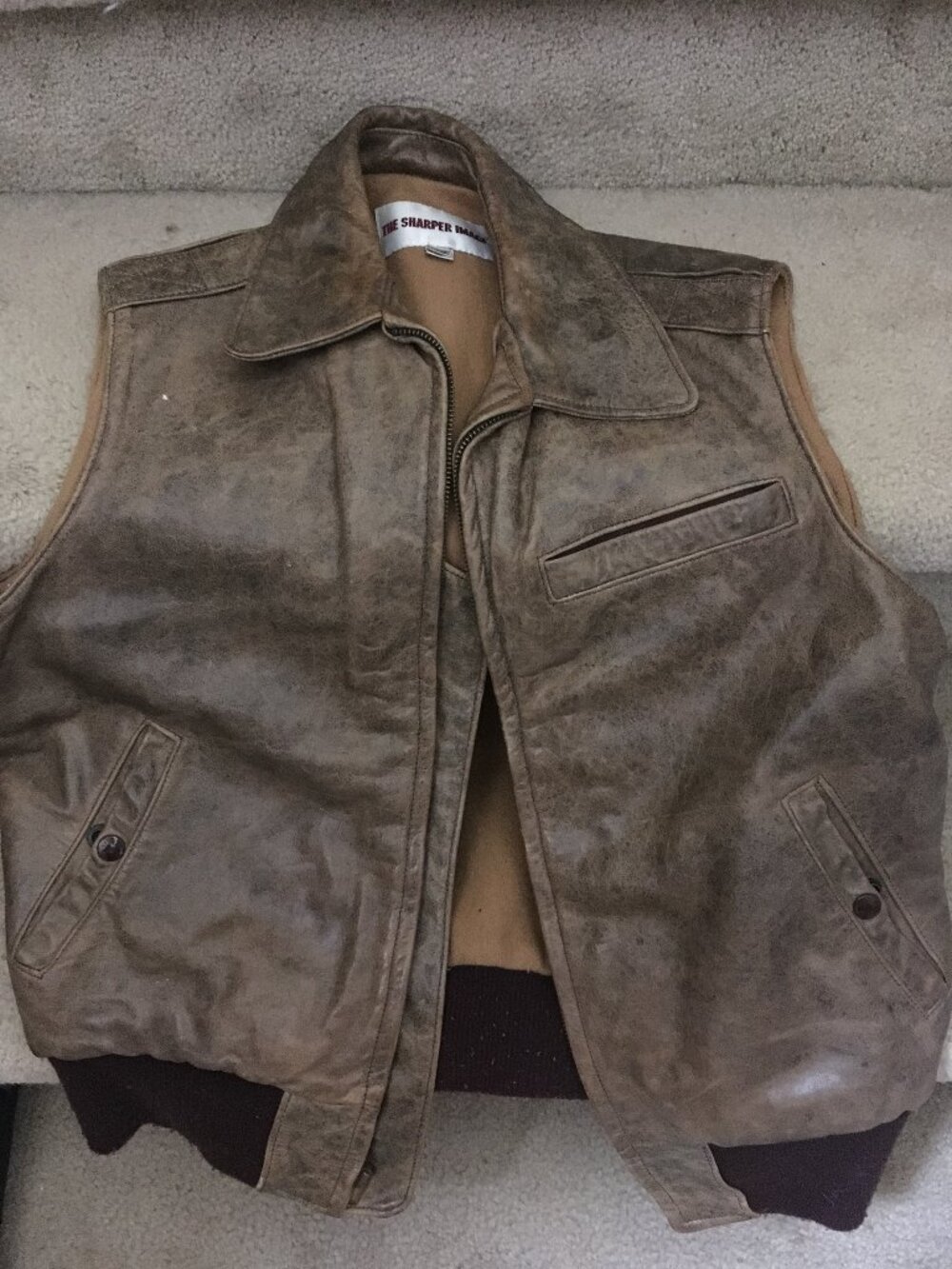 Sharper Image Leather Wool Bomber Vest Rare